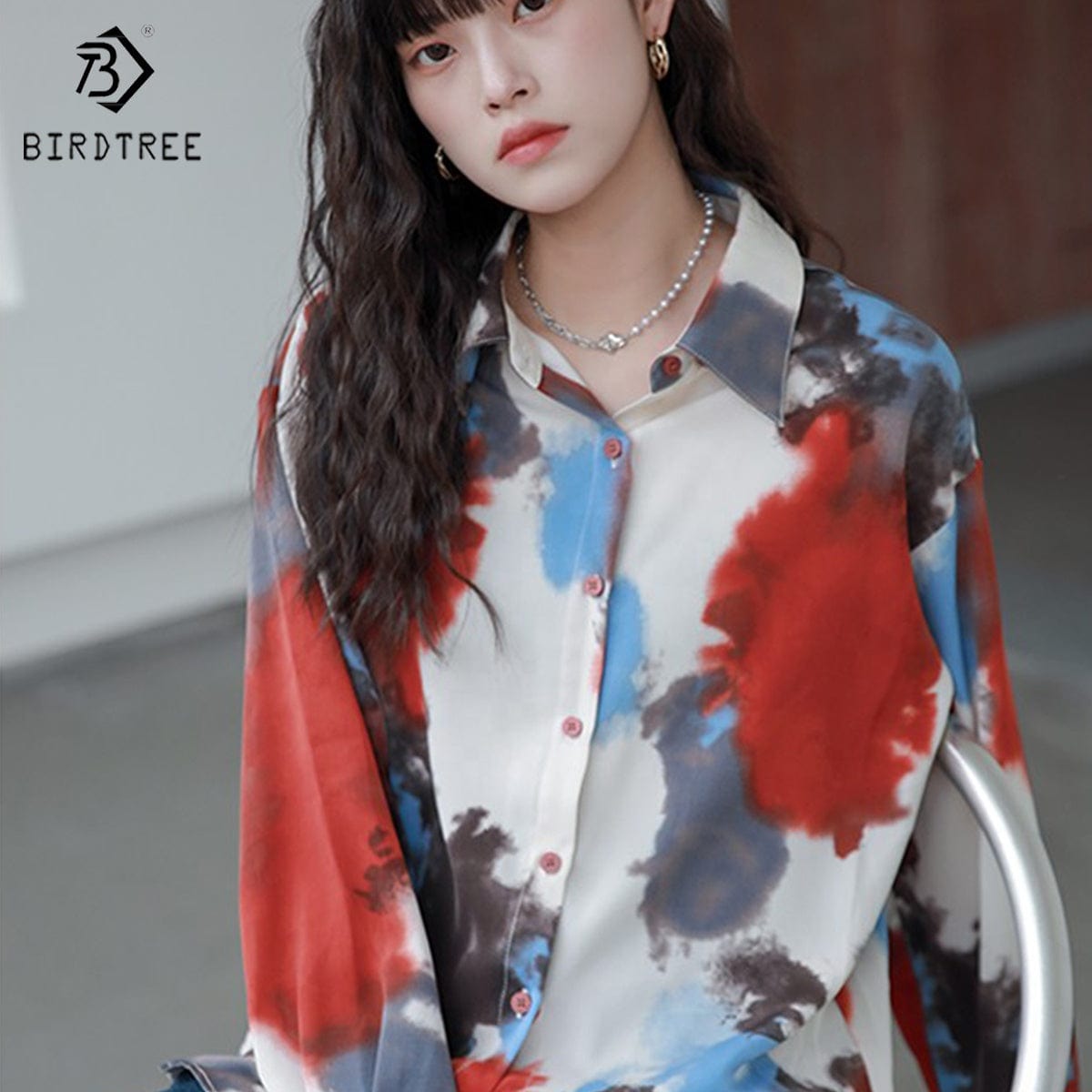 free / Red New Spring Women's Oversize Satin Shirts Spring Solid Colors Tops Workwear Casual Shirt Autumn Wholesale T33413X