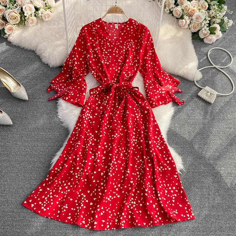 Free / Red New Stylish Casual V-neck A-line Dress Ladies Sashes Chiffon Spring Autumn Flare Sleeve Midi Dresses for Women Floral Printed
