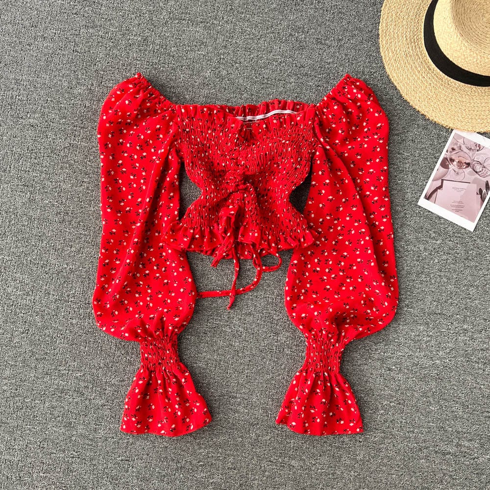 Free / Red Off-shoulder sexy floral agaric edge chiffon shirt Women's spring and summer sweet bubble sleeve short top
