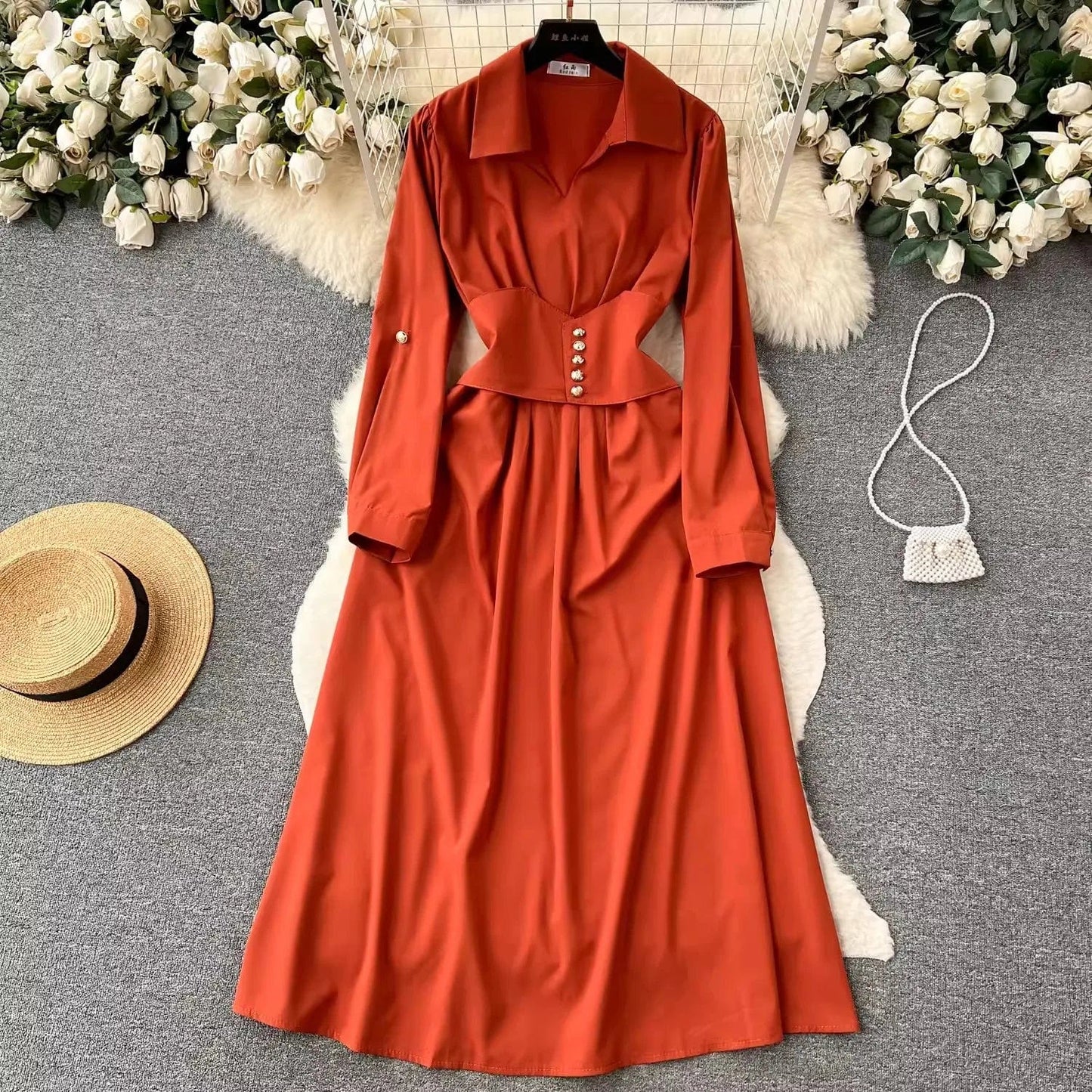 Free / Red One size  Retro style high-end dress Polo collar long sleeved waist cinched A-line large hem shirt dress