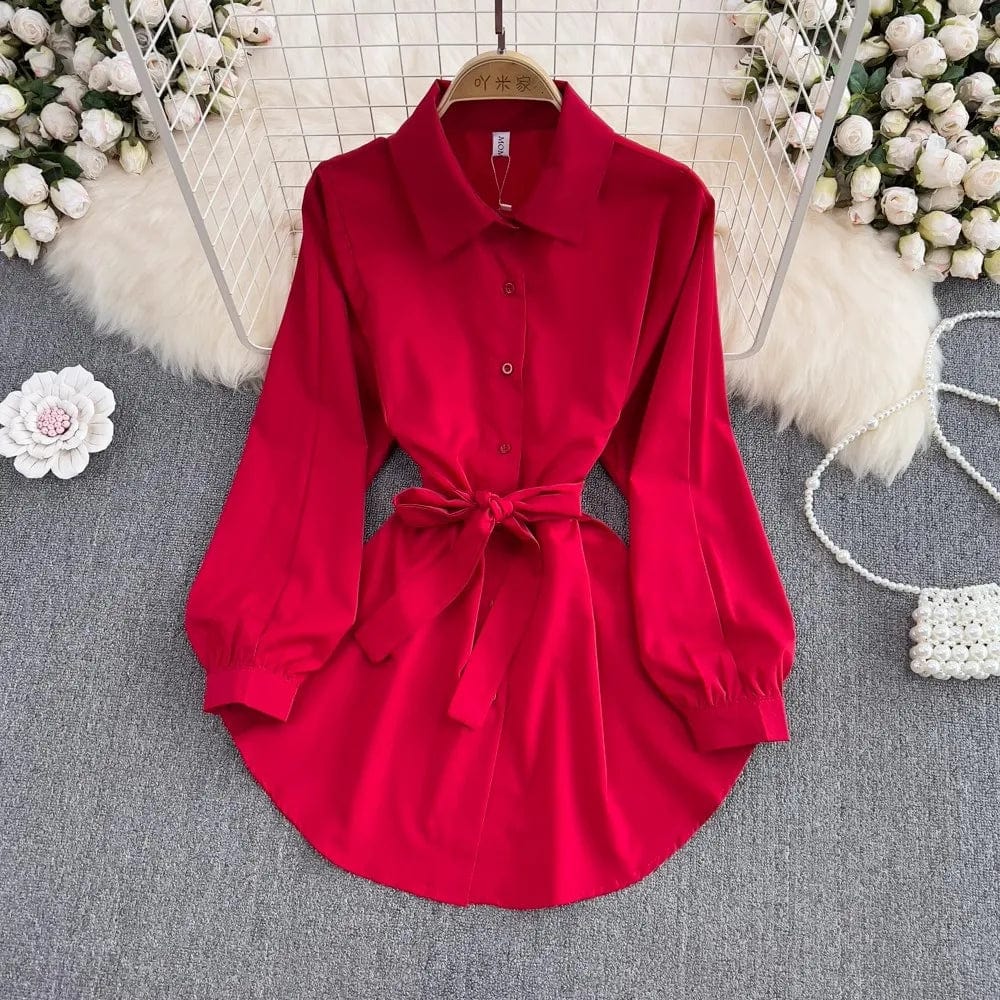 Free / Red One size  Spring new mid length collection waist shirt retro lapel long sleeved top