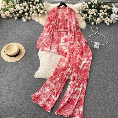 Free / Red Ons size Spring/Summer Loose Pleated Shirt+Bra+Draping High Waist Pants Pure Desire Fashion Women's Set
