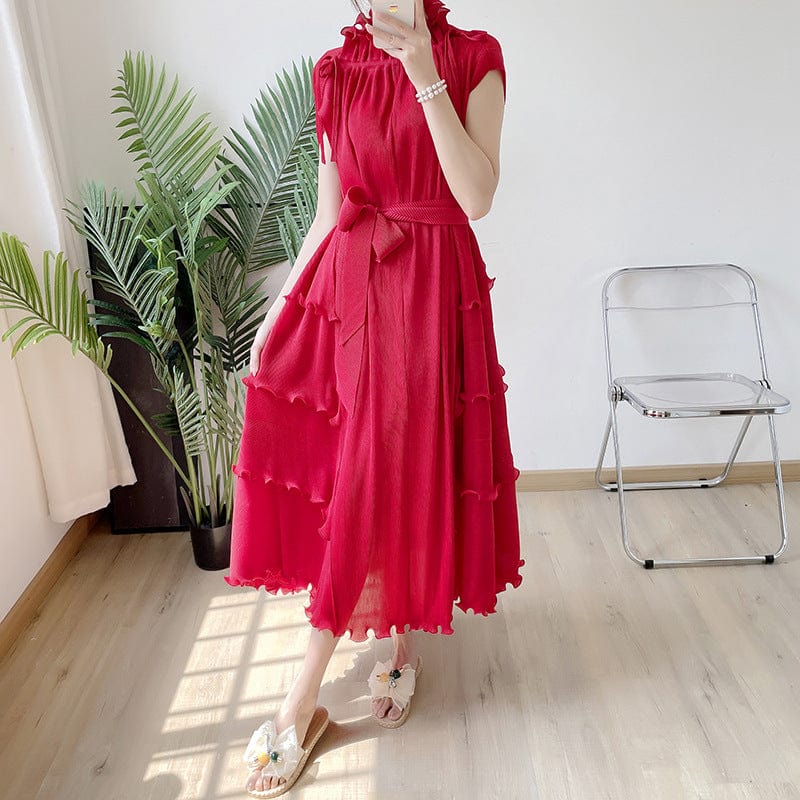 Free / Red OUDINA New Clothes Loose Elegant Fungus Lace Belt Pleated Dress Vintage Women Casual Dresses