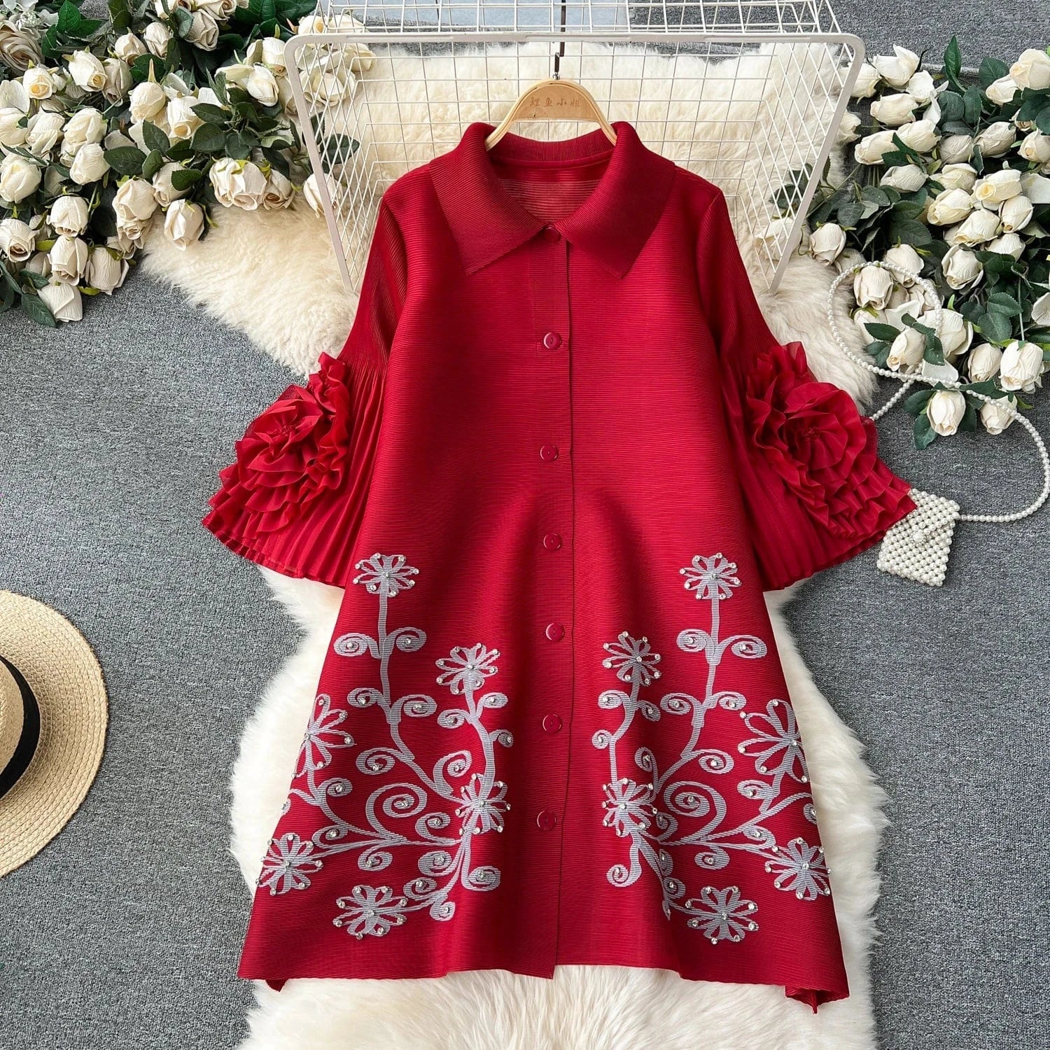 Free / Red Pleated Miyake Single Breasted Hand Silver Floral Ladies Cardigan Coat Women Free Size Loose Dress