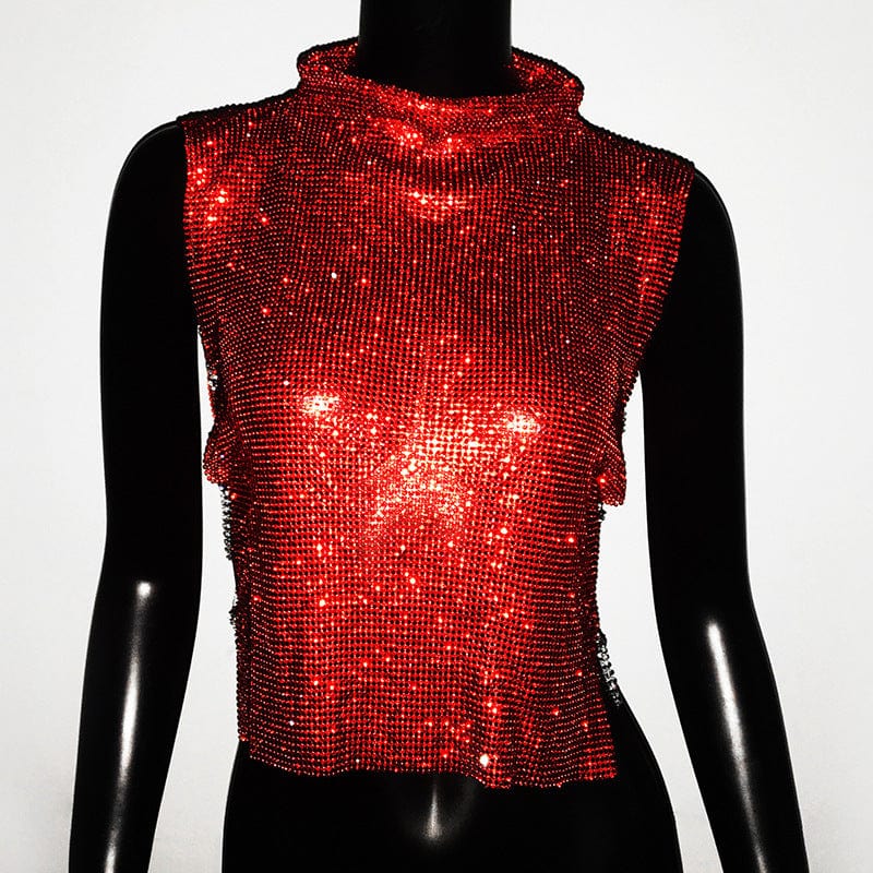 Free / Red SHIHAN 7 colors Diamante chainmail high neck top shiny sparkling party crystal metallic crop tops women vest