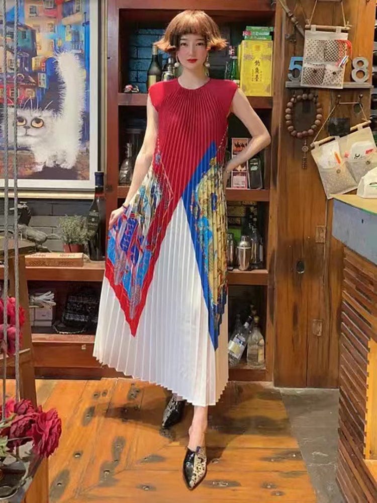 Free / Red Spot Summer Loose Pleated Long Size Printing Loose Casual Dress