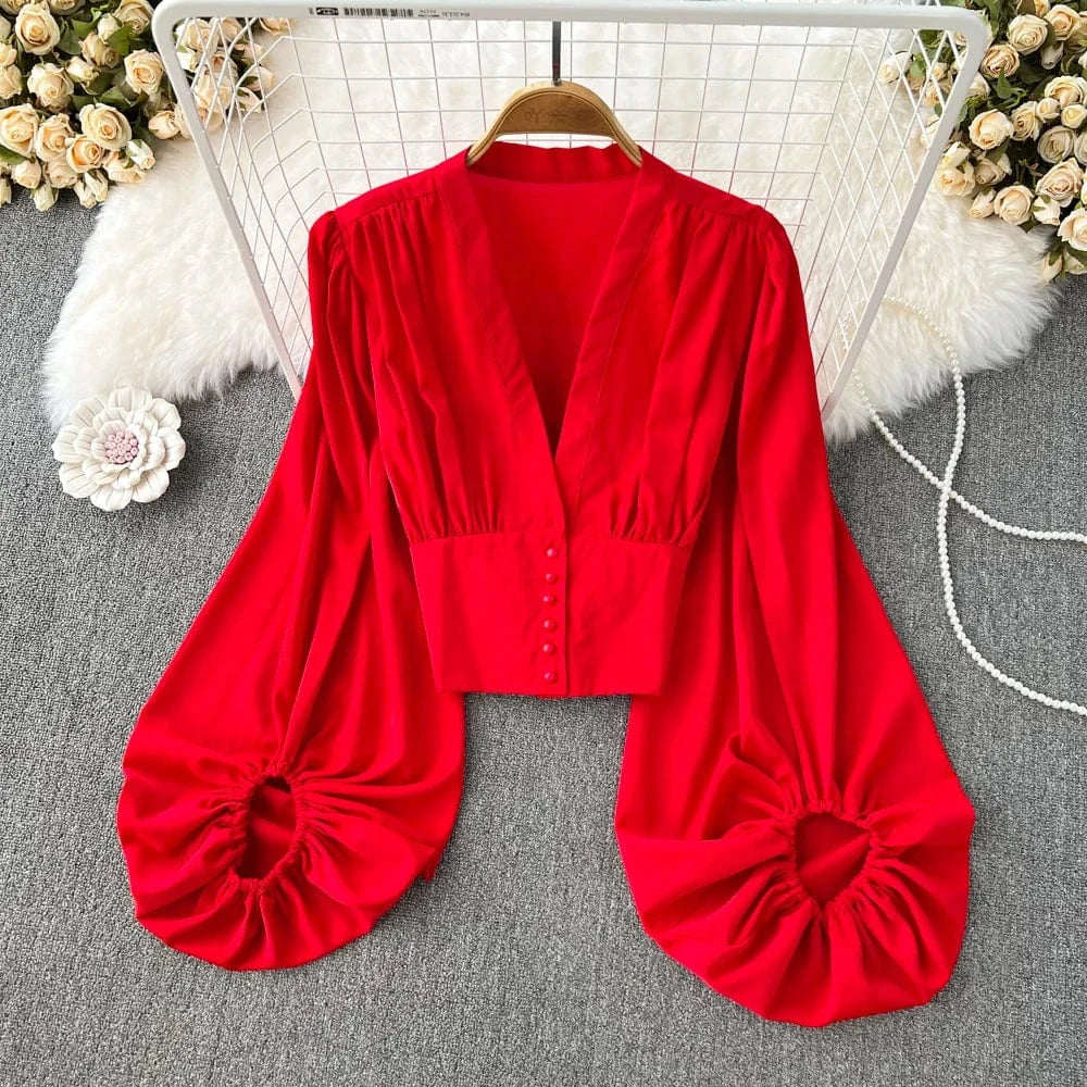Free / Red Spring and Autumn Fashion V-neck Lantern Long Sleeve Shirt Women High Waisted Pullover Short Slim Top