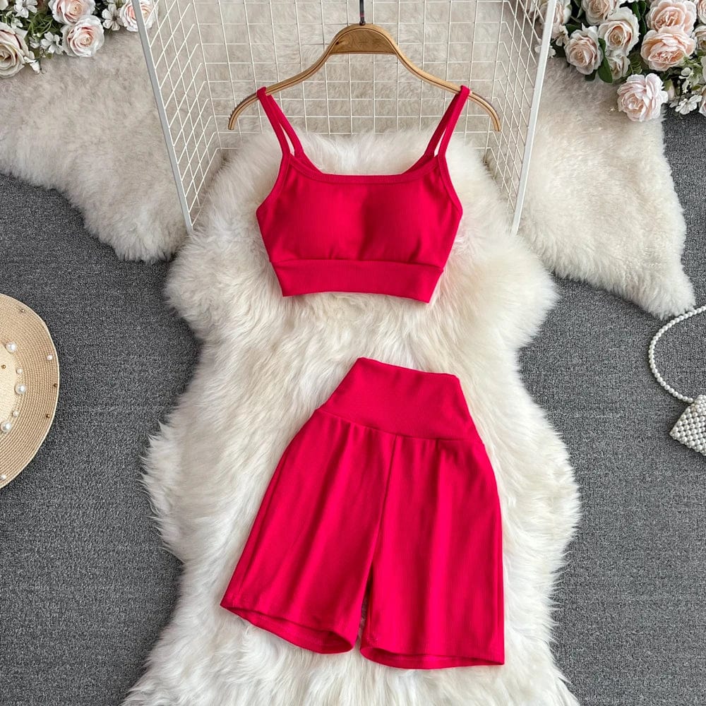 Free / Red Summer Sports Fashion Suit Women Yoga Halter Undershirt Shorts Two Piece Set