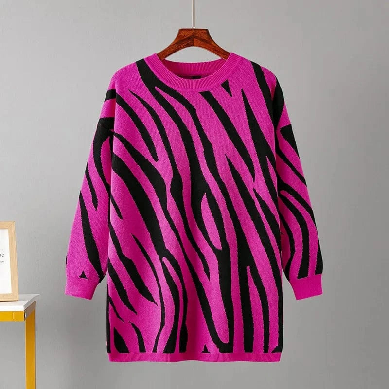 Free / Rose Madder 2023 Autumn And Winter New Zebra-print Fashion Knitted Pullover  Casual Round Neck Sweater