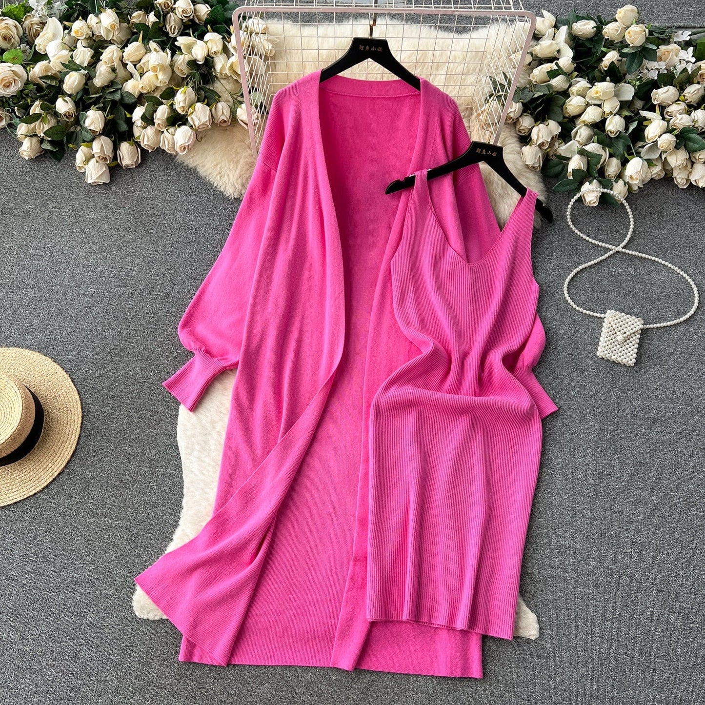 Free / Rose Madder High-Grade Solid Color Knitted Fashion set Women's Autumn V-Neck Halters Dress + Loose Slim Long-Sleeved Top