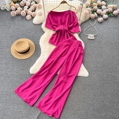 Free / Rose Madder Ons size Mature Girl Royal Sister Set Summer New One Shoulder Off Shoulder Top Versatile Wide Leg Pants Two Piece Set