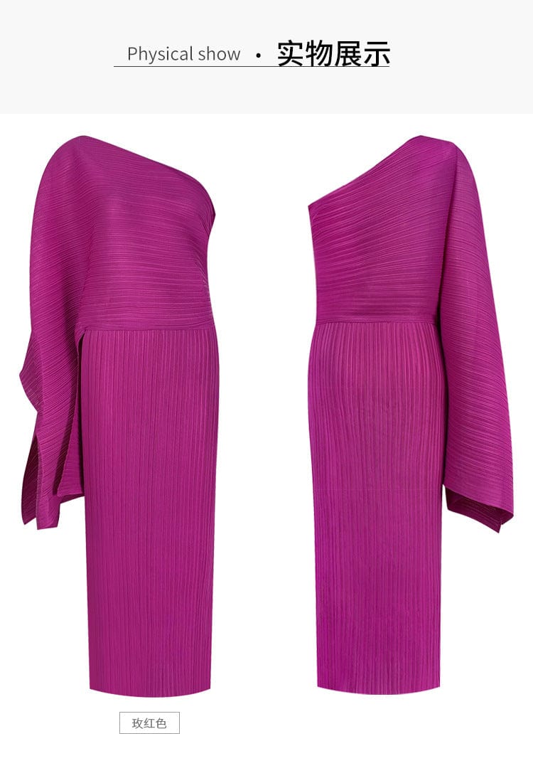 Free / Rose Madder OUDINA New Summer Women's Temperament Irregular Beveled High Waist Long Chiffon Pleats Casual Dresses Woman