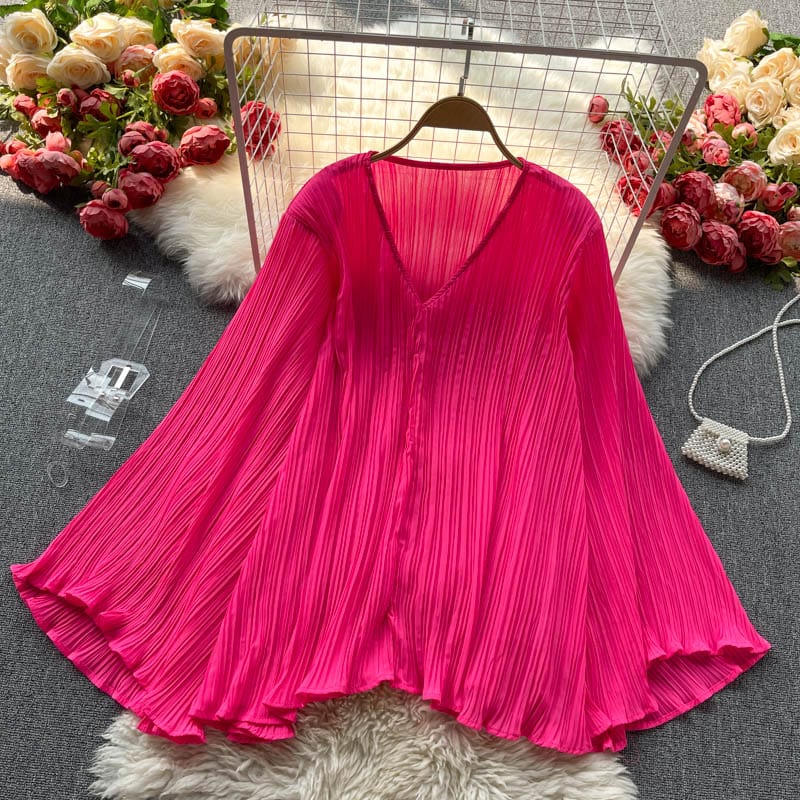 Free / Rose Madder Summer Fashion Casual Street Shirts Women's Korean Chiffon Shirts Flared Sleeves V-Neck Pleated Solid Color Office Tops