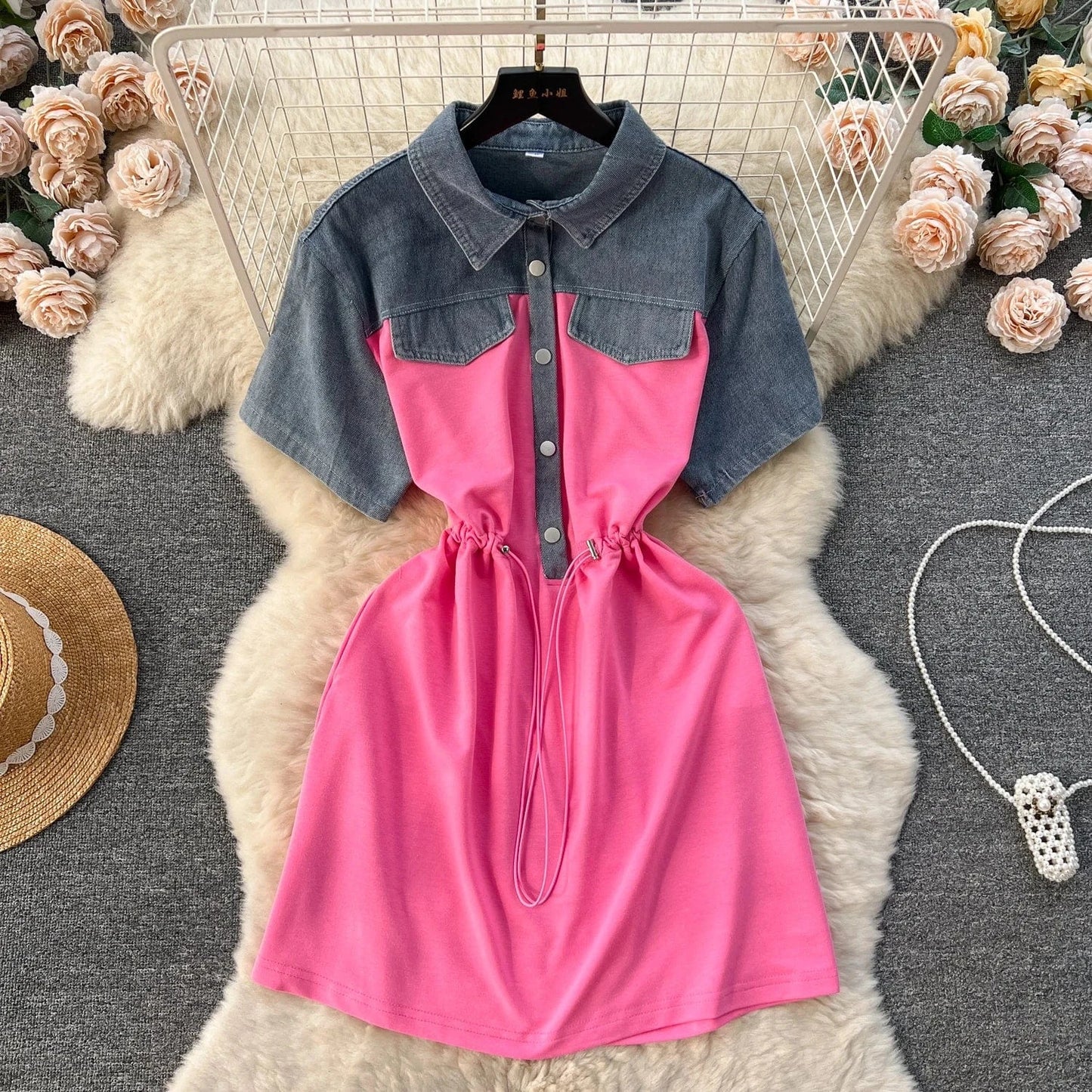 Free / Rose pink Summer Casual Polo Collar Midi Dress For Women Empire Patchwork Contrast Color Denim Fashion Dresses
