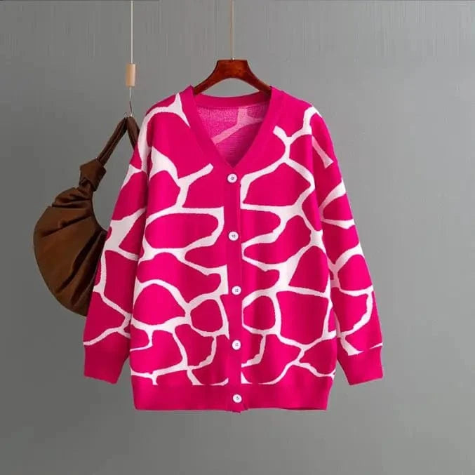 Free / Rose Red 2024 Best-Selling Women Autumn and Winter Line Pattern Cardigan Single Breasted V-neck Long Sleeve Casual Loose Knitted Coat