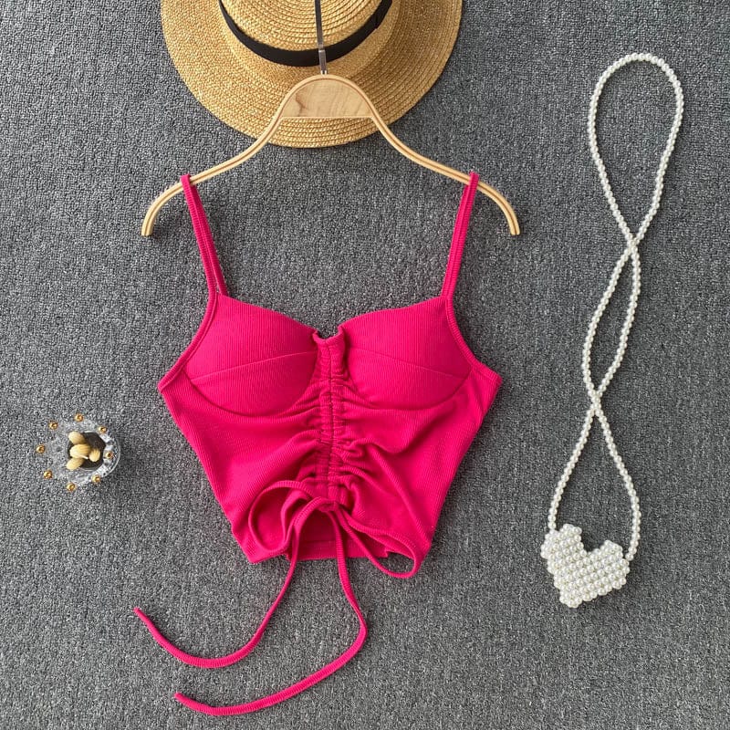 Free / Rose red Amazon Hot Hale 15 Colors Women Summer Solid Spaghetti Strap Boob Tube Tank Top Ladies Drawstring Crop Tops