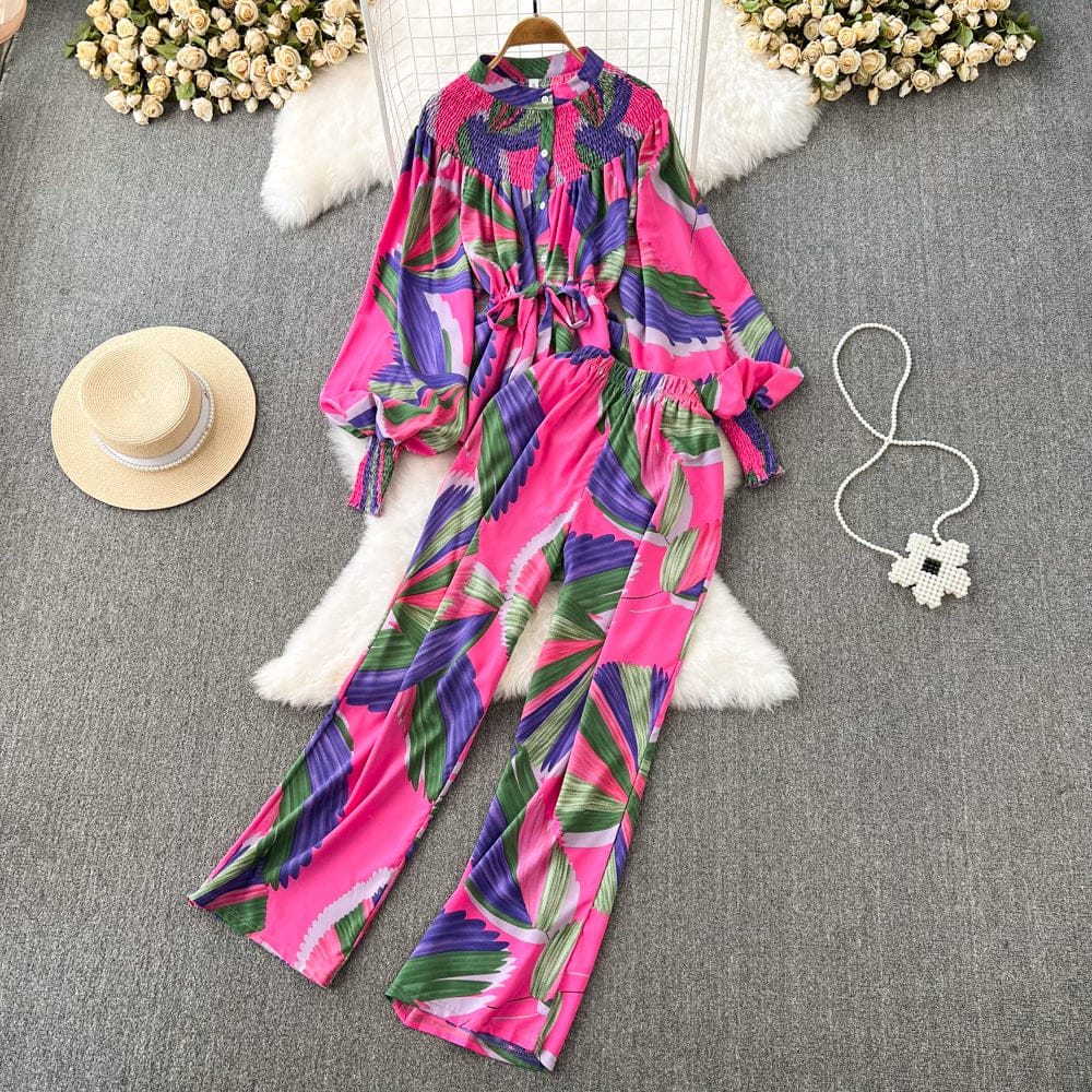 Free / rose red Fashionable Sets Women Vintage Stand Collar Puff Sleeve Loose Print Tops High Waist Wide Legs Pants Suits 2 Piece Set