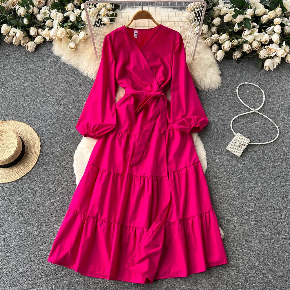 Free / Rose Red New Arrivals Wholesale Custom Women V-Neck Ruffle Tiered Pleated Long Maxi Casual Dress