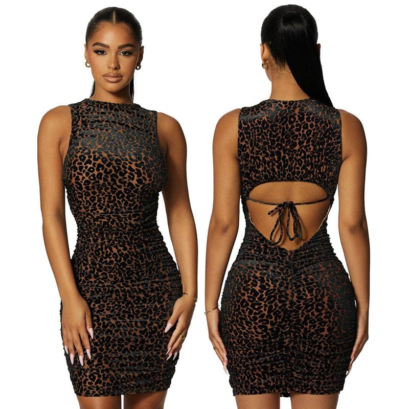 Free shipping Fashion Female Leopard Mini Dress Printed Hollow Out Casual Streetwear Clubwear Evening Dress