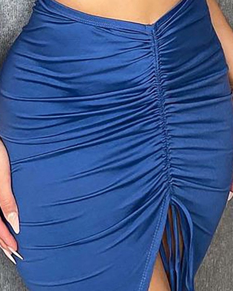 Free Shipping New Arrival Autumn Women Ribbed V-neck Sleeveless Halter Bodycon Two Piece Set Party Club Mini Casual Dresses