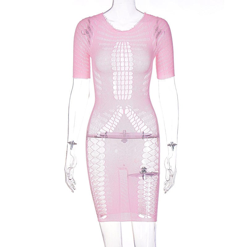 Free / short sleeve New Summer Hip Wrap Dress Hollow out mesh short sleeved long sleeved round neck dress Sexy Dress