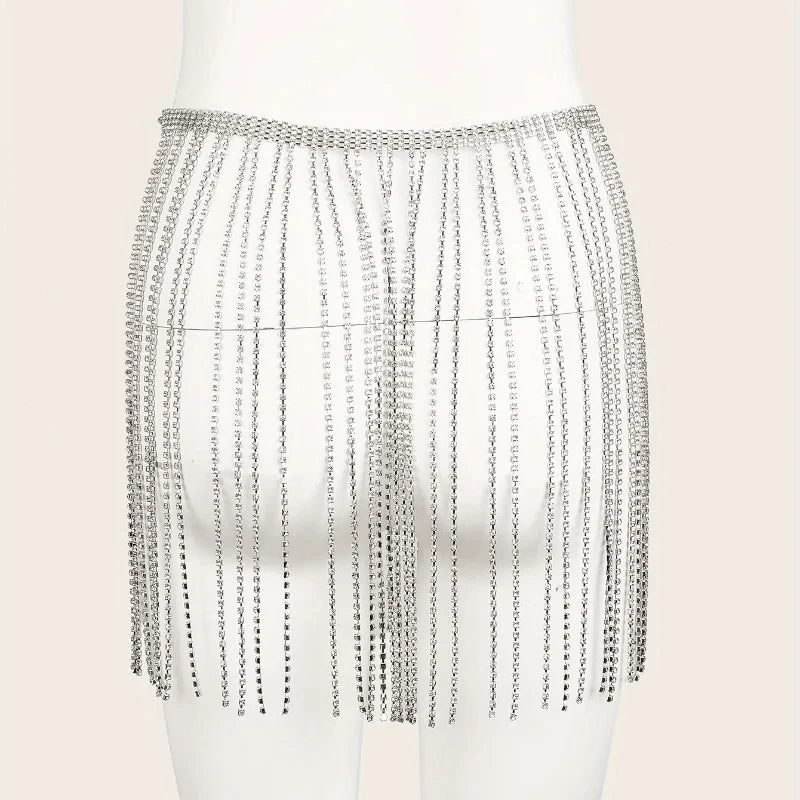 Free / silver Crystal Tassel Body Chains Belly Dance Skirts Rhinestones Sexy Bikini Summer Beach Hip Waist Chain Nightclub Jewelry dress