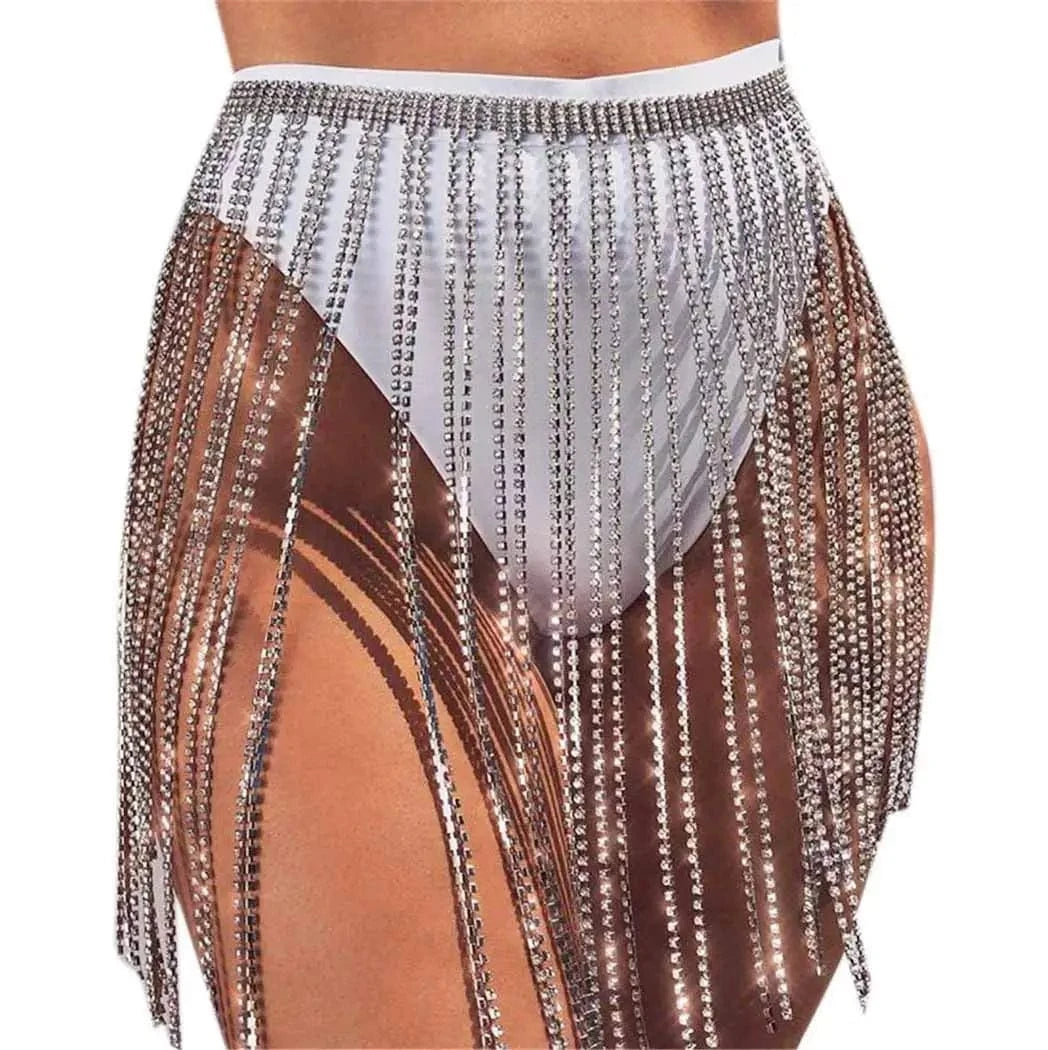 Free / silver Crystal Tassel Body Chains Belly Dance Skirts Rhinestones Sexy Bikini Summer Beach Hip Waist Chain Nightclub Jewelry dress