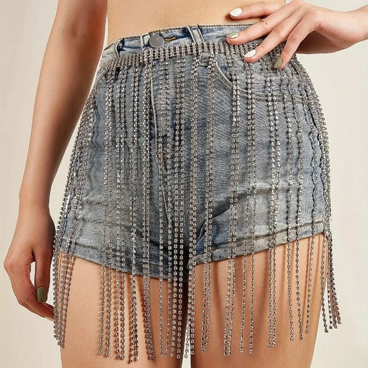 Free / silver Crystal Tassel Body Chains Belly Dance Skirts Rhinestones Sexy Bikini Summer Beach Hip Waist Chain Nightclub Jewelry dress