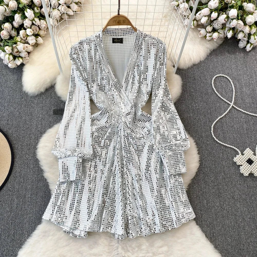 Free / silver Good Quality Wholesale Women's Party Wear Shirt Dress Bandage Sequin Glitter Shirts For Female