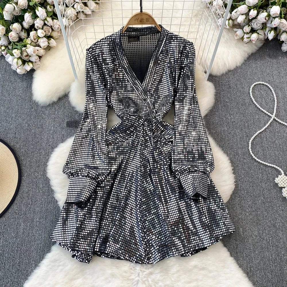 Free / silver gray Good Quality Wholesale Women's Party Wear Shirt Dress Bandage Sequin Glitter Shirts For Female