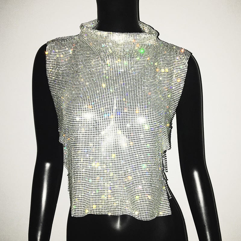 Free / silver SHIHAN Diamante chainmail high neck top 7 colors rhinestone gold metallic crop top women sparkle shiny vest