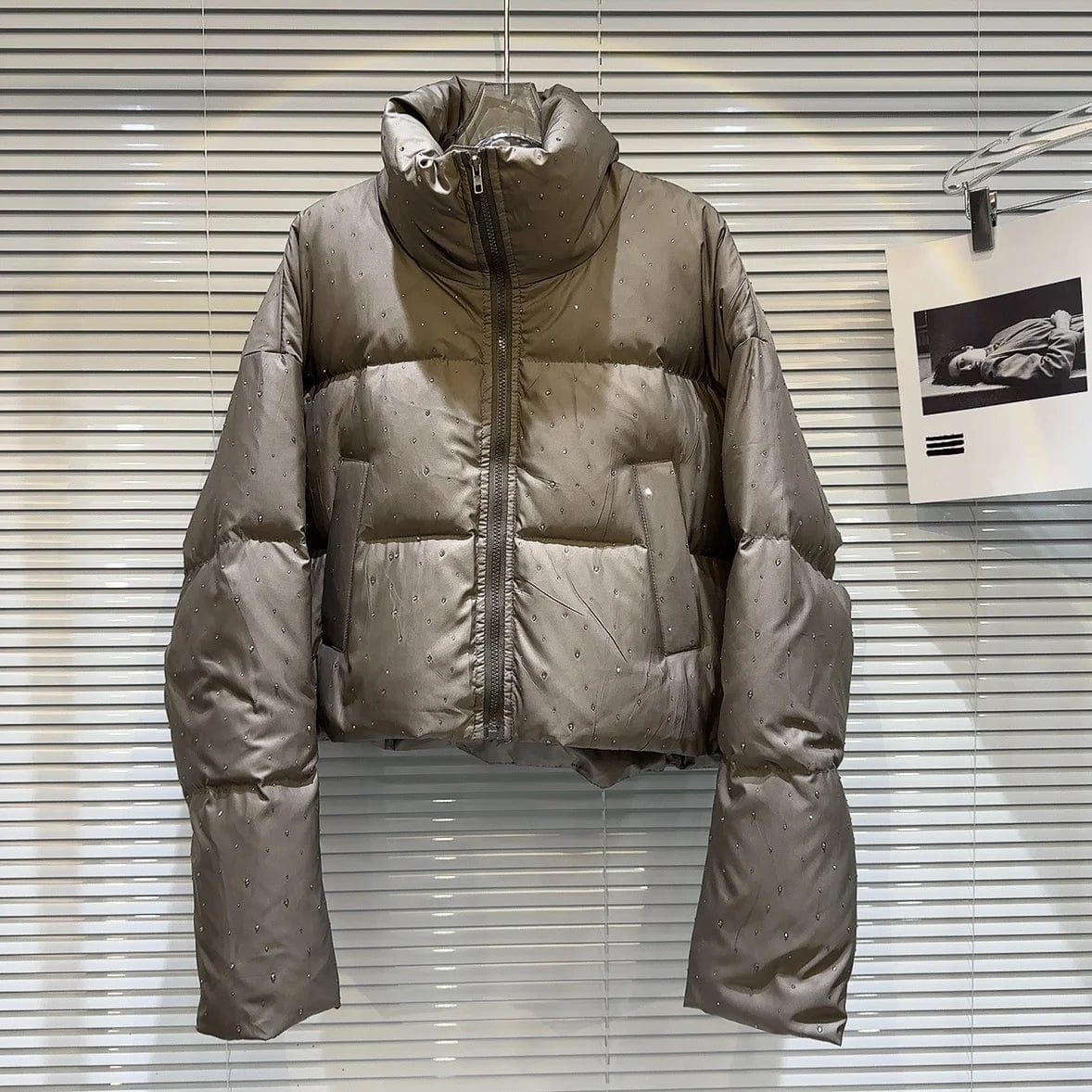 FREE SIZE / 03#-2 OUDINA Fashion Strip Hot Sequin Coats Rhinestones Diamond Pattern Warm Bubble Down Jacket Winter Puffy Bomber Women's Coats