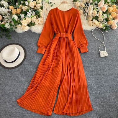 free size / 1 Autumn and winter new style solid color temperament round neck long-sleeved waist belt thinner pleated wide-leg jumpsuit