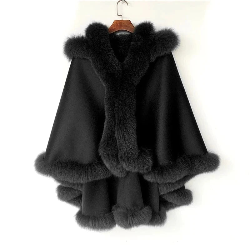 free size / Black Pudi Women Real Fox Fur Coat Jacket Female Genuine Wool Hooded Shawl Cape Fleece Autumn and Winter Woolen Women Coat Casual