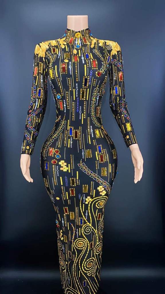 Free size / FX220105 Black Good Quality Sequin Evening Dress Prom Long Sleeve High Neck Crystal Party Dress Gold Pattern Fall Women Dresses Performance