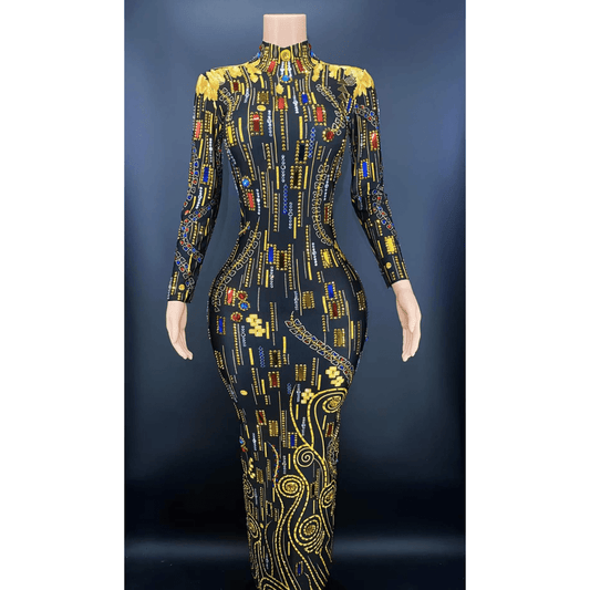 Free size / FX220105 Black Good Quality Sequin Evening Dress Prom Long Sleeve High Neck Crystal Party Dress Gold Pattern Fall Women Dresses Performance