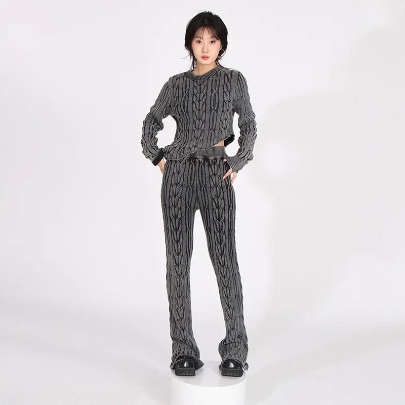 FREE SIZE / Gray OUDINA Fashion Hot Sale Stretch Twist Short Cropped Top Knitted Sweater Two Piece Pants Set Women's Sets