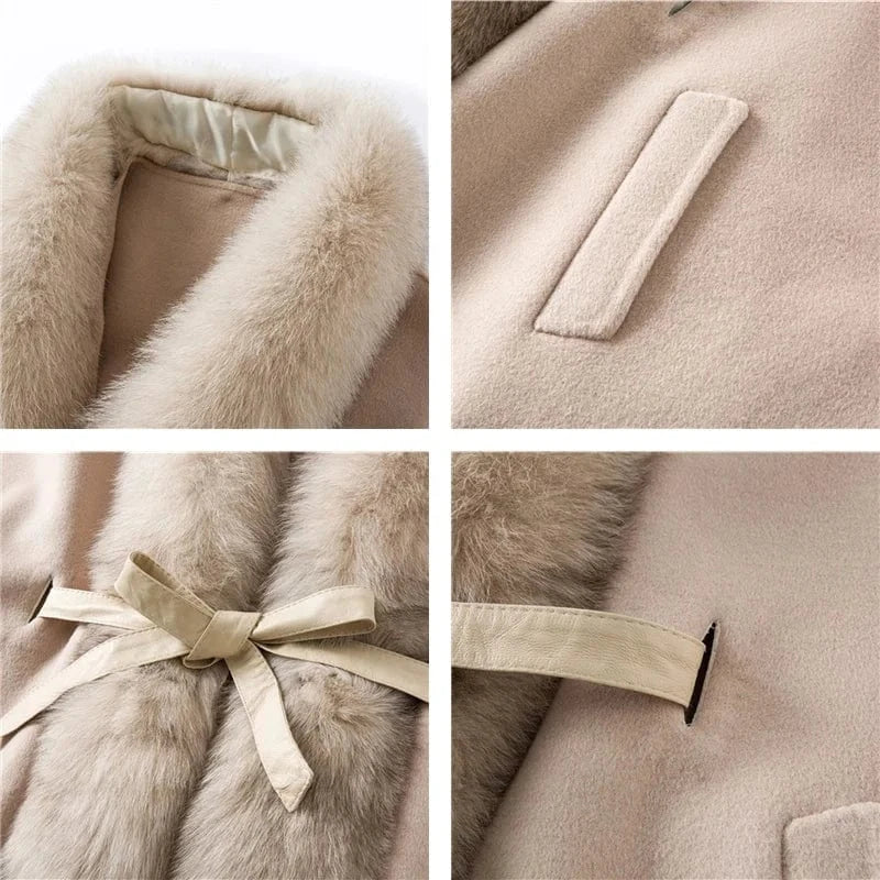 free size / Pink Women genuine wool fur coat winter female lady blet elegant fox fur collar jacket overcsize capeTX205604