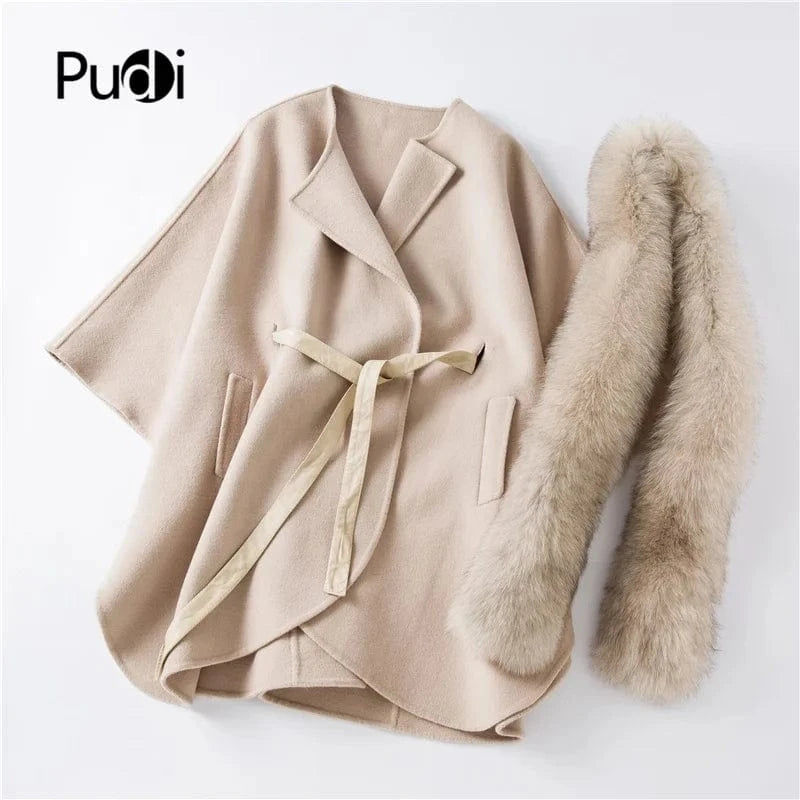 free size / Pink Women genuine wool fur coat winter female lady blet elegant fox fur collar jacket overcsize capeTX205604