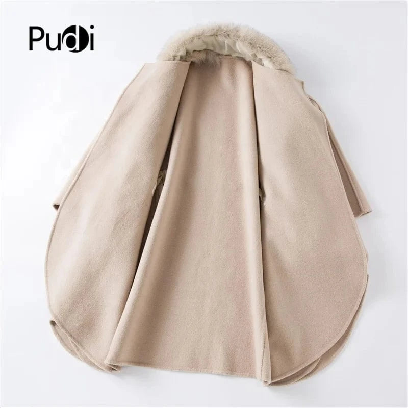 free size / Pink Women genuine wool fur coat winter female lady blet elegant fox fur collar jacket overcsize capeTX205604