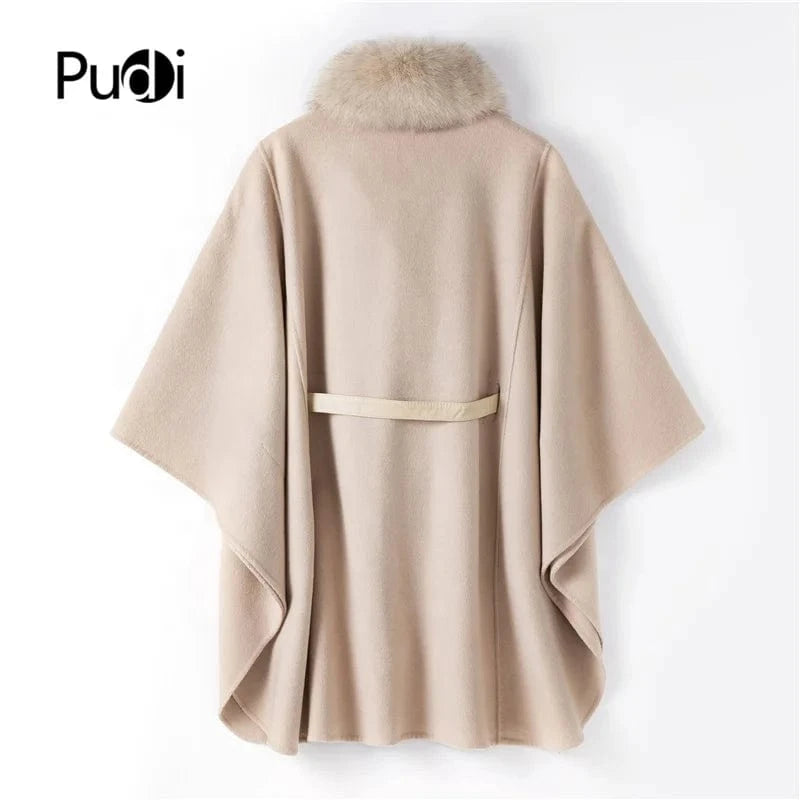 free size / Pink Women genuine wool fur coat winter female lady blet elegant fox fur collar jacket overcsize capeTX205604