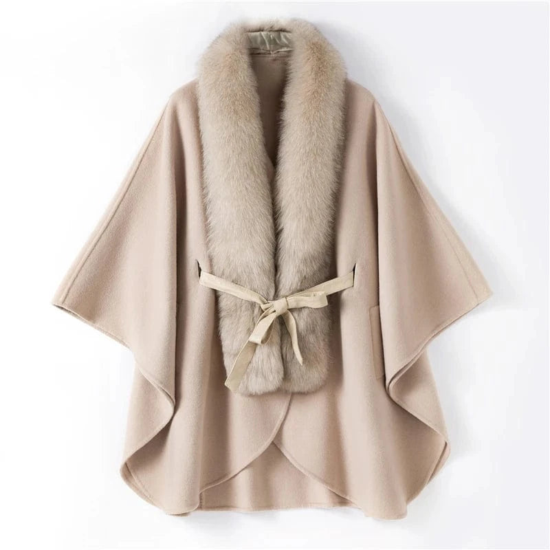 free size / Pink Women genuine wool fur coat winter female lady blet elegant fox fur collar jacket overcsize capeTX205604