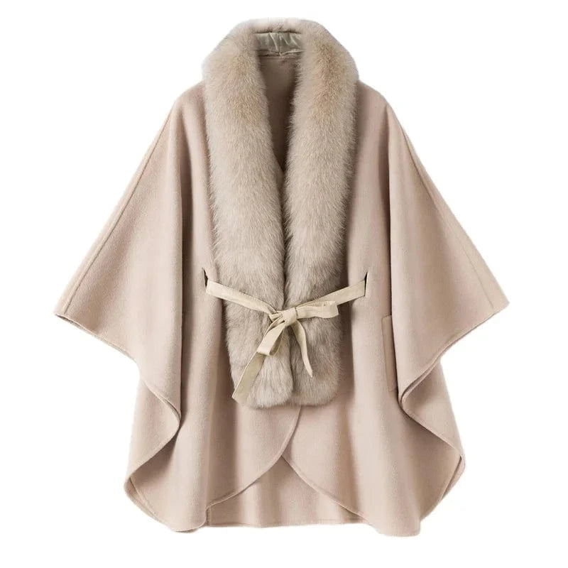 free size / Pink Women genuine wool fur coat winter female lady blet elegant fox fur collar jacket overcsize capeTX205604