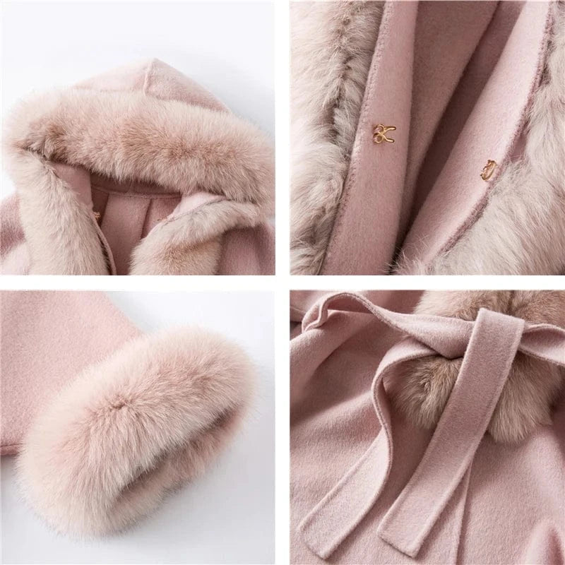 free size / Pink Women genuine wool fur coat winter female lady elegant fox fur collar cuff jacket Hooded overcoat trench cape TX205601