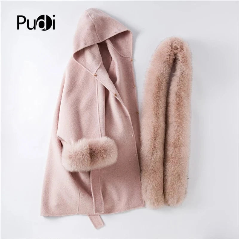 free size / Pink Women genuine wool fur coat winter female lady elegant fox fur collar cuff jacket Hooded overcoat trench cape TX205601