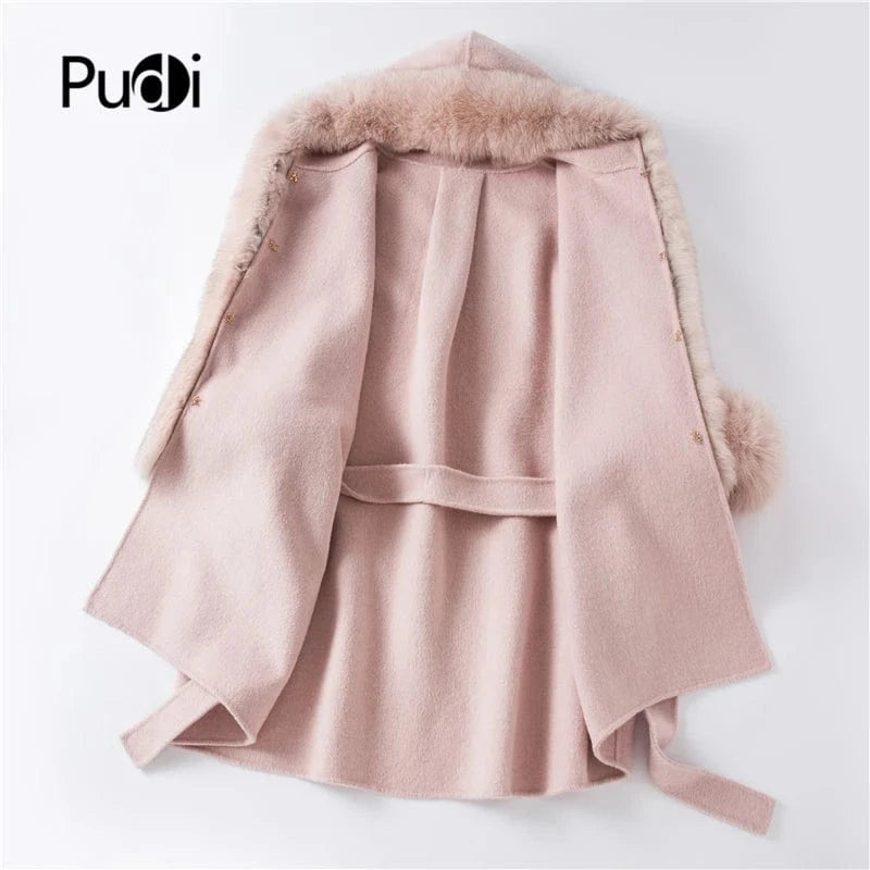 free size / Pink Women genuine wool fur coat winter female lady elegant fox fur collar cuff jacket Hooded overcoat trench cape TX205601