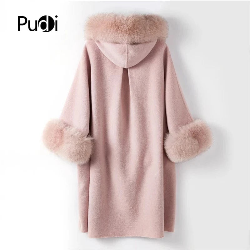 free size / Pink Women genuine wool fur coat winter female lady elegant fox fur collar cuff jacket Hooded overcoat trench cape TX205601