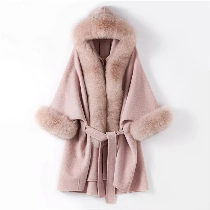 free size / Pink Women genuine wool fur coat winter female lady elegant fox fur collar cuff jacket Hooded overcoat trench cape TX205601