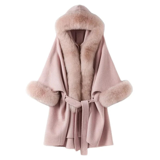 free size / Pink Women genuine wool fur coat winter female lady elegant fox fur collar cuff jacket Hooded overcoat trench cape TX205601