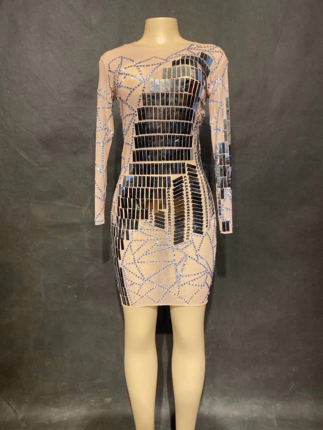 Free size / T9038 WHITE Wholesale Long Sleeve Bodycon Dress Fall 2022 For Women Sexy Reflective Mesh Transparent Rhinestone Clubwear Night Club Dress